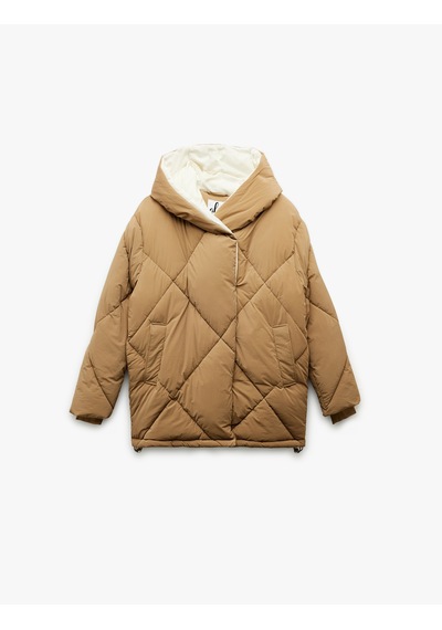 Koton Kapüşonlu Cep Detaylı Fermuarlı Çıtçıt Düğmeli Kapitone Oversize Anorak Bej 6wal00007ıw Ekru