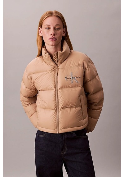Calvin Klein Kadın Regular Fit Grafik Baskılı Dik Yaka Şişme Mont - Bej Amphora