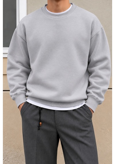 Cool Tarz Erkek 3 İplik Şardonlu Regular Fit Bisiklet Yaka Basic Sweatshirt Gümüş Gümüş