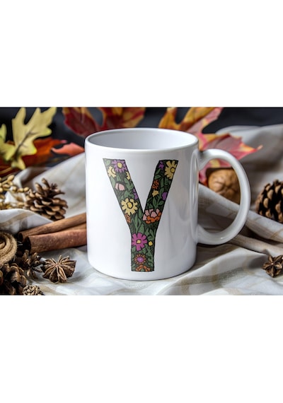 Y Baş Harf Çiçek Desenleri İle Natural Tarz Kupa Bardak - Kişiye Özel Çiçekli Kahve Çay Bardak - Beyaz