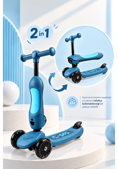 C-pro 2'si 1 Arada Katlanabilir Çocuk Scooterı Açık Mavi