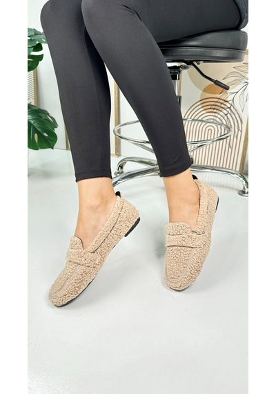 Günlük Kadın Loafer Peluş Astarlı Oval Burunlu Alçak Desenli Tabanlı Ayakkabı 375 VIZON