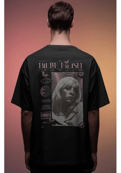 Sevbano Vintage Billie Eilish Şarkıcı Baskılı Unisex Oversize Premium Tiş Siyah