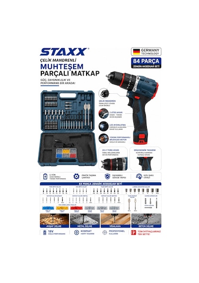Staxx S18vfk 84 Parça Çelik Mandrenli Brushless Şarjlı Matkap Seti 18v X2 Çift Akülü Vidalama Delme