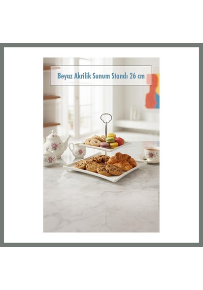 Bezos 2 Katlı Beyaz Akrilik Meyvelik & Kurabiyelik & Sunum Standı - 26 Cm Mmbz