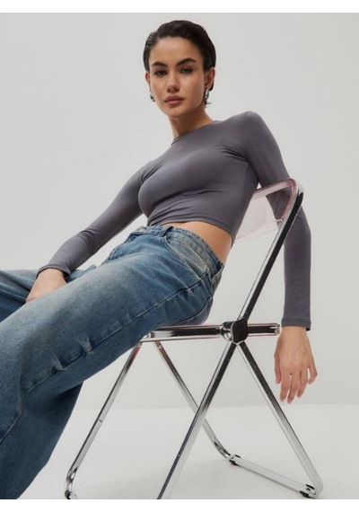 Seeh Füme Bisiklet Yaka Uzun Kollu Kadın Top Body Sh216