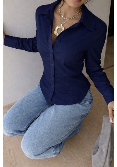 Kadın Premium Gömlek Slim Fit Uzun Kollu Şık Ofis Günlük Kombin Basic Klasik Gömlek Lacivert