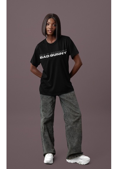 Sevbano Tasarım Bad Bunny Sırt Baskılı Unisex Oversize Rapper Şarkıcı Tiş Siyah