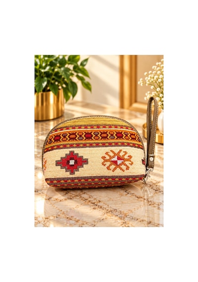 Badufa Home Etnik Kilim Desenli Fermuarlı El Askılı Makyaj Ve Organizer Çantası-3farklı Boy Bej Bej