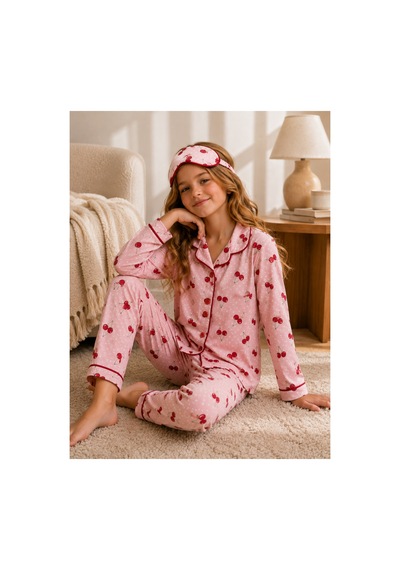 Beka Kids Desenli Uzun Kollu Önden Düğmeli Gömlek Yaka Kız Çocuk Pijama Takımı Ve Göz Bandı Kırmızı