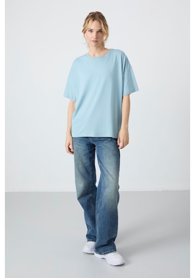 Tommy Life Açık Mavi Penye Modal Yumuşak Tuşeli Oversize Fit Basic Kadın T-shirt- 97285 Açık Mavi