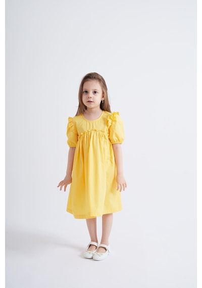 Oliventhekid Sarı Robadan Fırfır Büzgülü Kolları Lastikli Poplin Kız Çocuk Elbise Sarı Sarı
