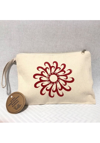 Obidev Tahta Baskı Dairesel Çiçek Desenli Clutch ,portföy Çanta,makyaj Çantası Krem