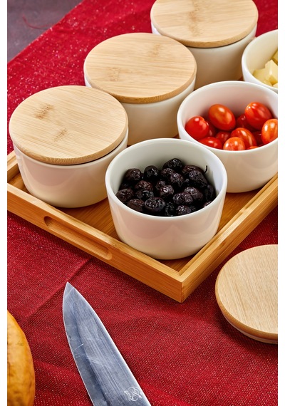 Cooker Leo 6'lı 10 Cm Porselen Bambu Kapaklı Tepsili Kahvaltılık Seti Ckr3930 Beyaz