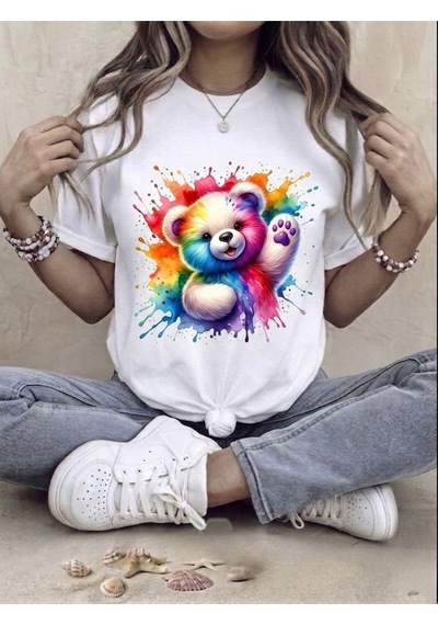 Sulu Boya Efektli Teddy Bear Baskılı Kompak T-shirt Beyaz
