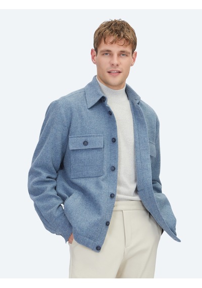 Kip Mavi Düz Regular Fit Uzun Dokuma Yün Karışımlı Overshirt