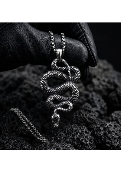 Paslanmaz Çelik Antik Gümüş Renk Gotik Stil Mistik Snake Yılan Kolye