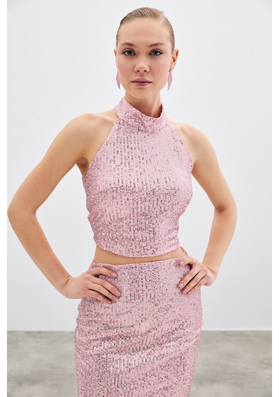 Sateen Kolsuz Payetli Bluz - Pudra-135516 Pudra