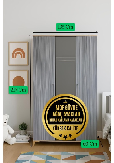 Ege 3 Kapaklı-çekmeceli Dolap Mdf Oksit Gri Renk Gürgen Ağacı Ayaklar Diğer