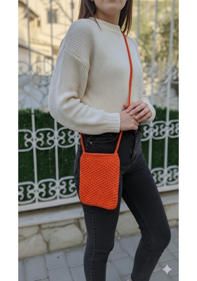 Artepieza El Yapımıturuncu Örgü Telefon Çantası, Handmade Tasarım Çanta-el Örgüsü Kadın Cep Telefonu Çantası Turuncu