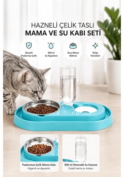 Hazneli Kedi-köpek Mama Ve Su Kabı Seti 500ml Turkuaz