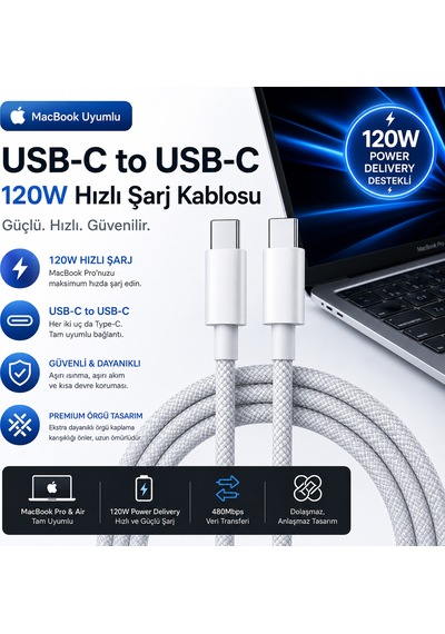 Apple Macbook Uyumlu120w Usb-c To Usb-c Hızlı Şarj Ve Veri Aktarım Kablosu Hasır Örgülü Dayanıklı Tasarım 2 Metre Senalstore
