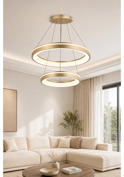 2'li Modern Premium Halka 3 Renkli Ledli Sarkıt Avizesi Salon Mutfak Oturma Odası Şık Modelleri 60w Gold