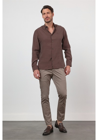 İmza Kahverengi Düğmeli Yaka Uzun Kol Cepsiz Slim Fit Modal Gömlek 1004260162