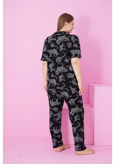 Siyah İnci Beden Battal Boy Düğmeli Örme Pijama Takım Siyah Kaplan