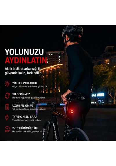 Akıllı Fren Sensörlü Bisiklet Arka Lambası Çok Renkli
