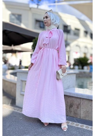 Sevitli Yakası Bağcıklı Lara Elbise-pembe-5327 Pembe