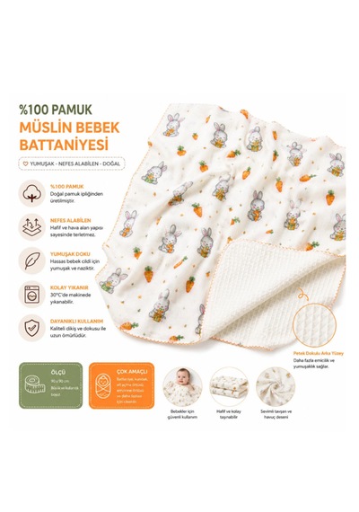 Müslin Bebek Battaniyesi %100 Pamuk Çift Katlı Waffle Dokulu Tavşan Desenli Çok Amaçlı Örtü Beyaz