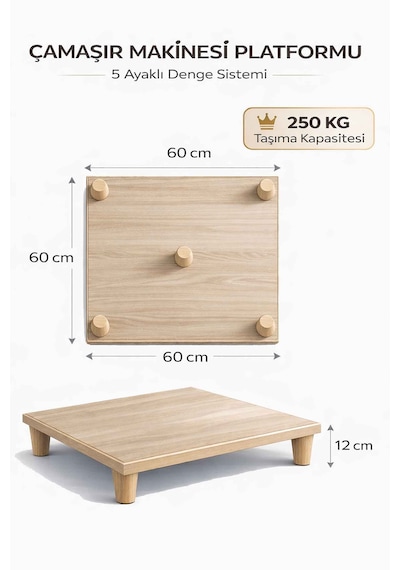 İmt Aksesuar Çamaşır Makinesi Yükseltici 60x60 Cm 12 Cm Platform Robot Süpürge Uyumlu Titreşim Azaltıcı Sonomo Meşe