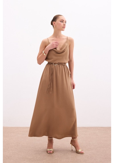 Sateen Kemerli Uzun Etek - Vizon-136083 Vizon