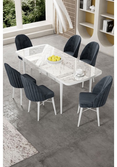 Canisa Gale Serisi 80x132 Açılabilir Lak Panel Beyaz Mermer Desen Mutfak Masa Takımı 6 Antrasit Sandalye Masa Beyaz Mermer Desen Sandalye Antrasit Canisa Gale Serisi 80x132 Açılabilir Lak Panel Beyaz Mermer Desen Mutfak Masa Takımı 6 Antrasit Sandalye Masa Beyaz Mermer Desen Sandalye Antrasit