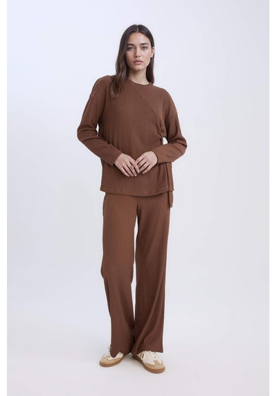 Defacto Bürümcük Pantolon Wide Leg Geniş Bol Paça Esnek Belli C0200AX24AUBN316 Kahve