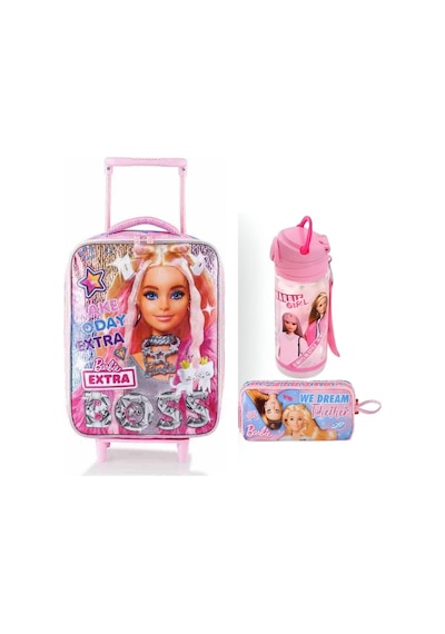 Ekstra Çekçekli Anaokulu Çantası Ve Barbie Kalem Çantası Lisanslı Suluk Matara Pembe