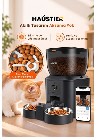 Qq029-Dual Siyah Kameralı 1080p Gece Görüş Akıllı Mama Kabı 2.4ghz/5ghz 4lt Metal Kase