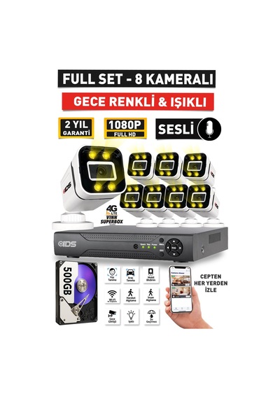 Sesli - 8 Kameralı Fullhd Gece Renkli Ve Işıklı Güvenlik Kamerası - Kamera Seti 500gb Disk