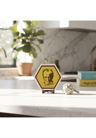 Şık Atatürk İmzalı Dekoratif Obje, Ev Ve Ofis Dekorasyonu İçin Modern Masaüstü Süsü 10x10 Cm, Sarı