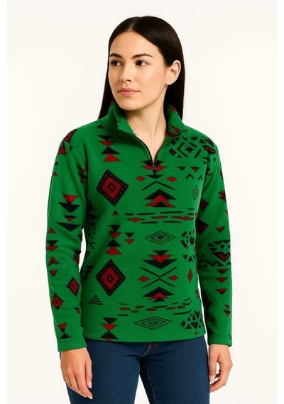 Mbb E-ticaret Kadın Yarım Fermuarlı Desenli Polar Sweat Tribal Etnik Desen Yakalı Uzun Kollu - Yeşil Çok Renkli