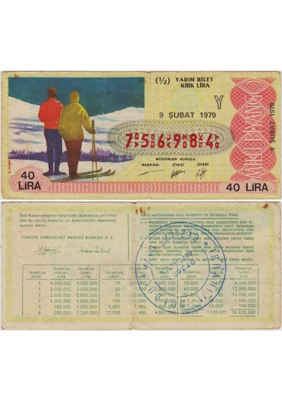 Eski Milli Piyango 1/2 Bilet 9 Şubat 1979 Yarım. Kış Ve Kayak Temalı. 40 Lira.