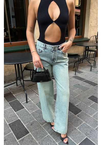 Kene Jeans Kadın Tintli Çift Düğme Yıkamalı Bol Paça Kot Pantolon Yeşil