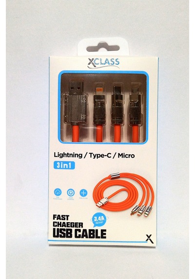 Xclass K302 3 In 1 Üçü Birarada Led Işıklı 5v /3,4a Hızlı Şarj Ve Data Kablosu Turuncu