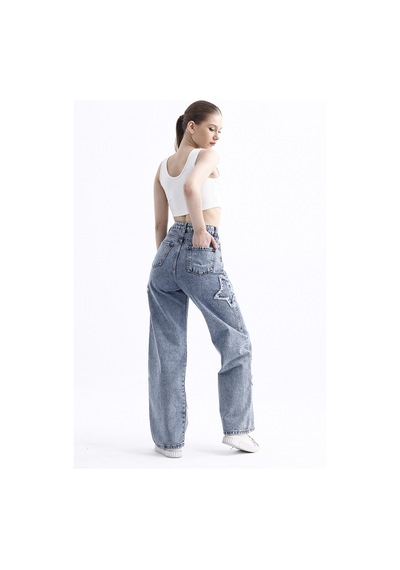 2424 Kadın Yıldız Detaylı Baggy Jeans Kot Denim Pantolon Kar Yıkama