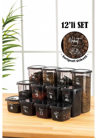 Beyaz Serigrafi Etiketli Kare Erzak Saklama Kabı 12'li Set 4x 0,55 Litre, 1,2 Litre, 1,75 Litre , Bnm12lı