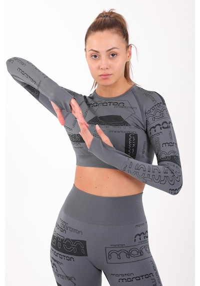 Maraton Active Slimfit Kadın Bisiklet Yaka Uzun Kol Koşu Antrasit Crop Top 816025 Antrasit