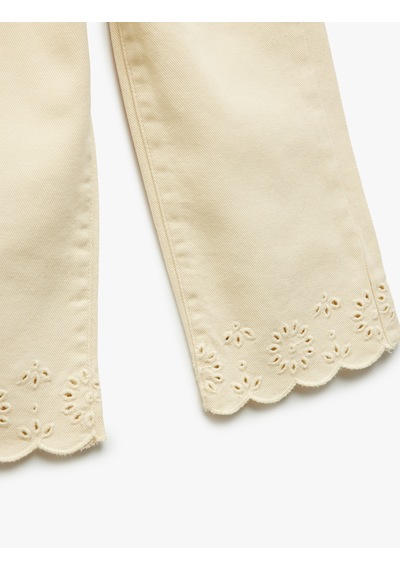 Koton Çiçek Desenli Brodeli Pamuklu Denim Pantolon Bej 5smg40016ad Ekru