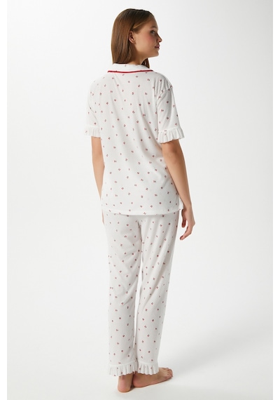 Ritnice Kadın Fırfırlı Kiraz Ön Düğmeli Kısa Kol Alt Üst Pijama Takımı Ekrukırmızı Çok Renkli