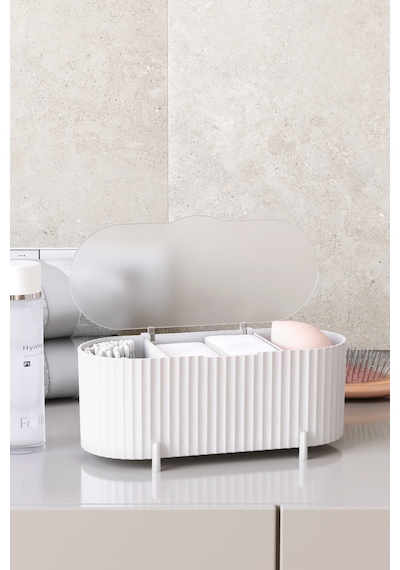 Maxi Home Aura Kapaklı Makyaj Organizer Toz Korumalı Kozmetik Düzenleyici Masaüstü Fırçalık Beyaz
